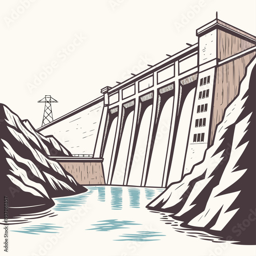 Illustration of a large dam with water flowing underneath it