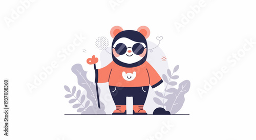 Cute cartoon bear character with sunglasses, holding a staff, surrounded by whimsical flora