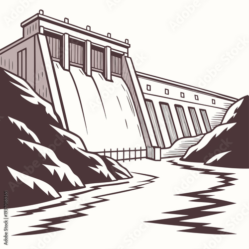 Illustration of a dam with water flowing down