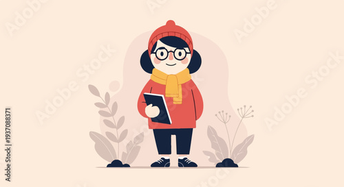 Cheerful, bespectacled person in winter attire holding a tablet, surrounded by plants