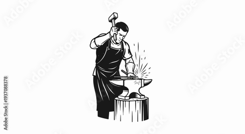 Blacksmith hammering glowing metal on anvil, sparks flying