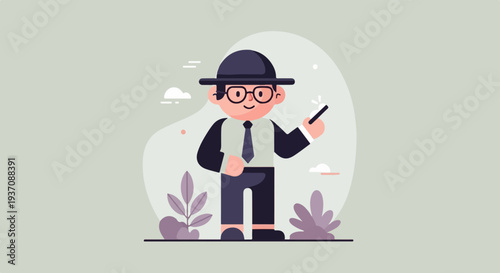 A cartoon figure in a hat and glasses holds a wand, with plants and clouds around