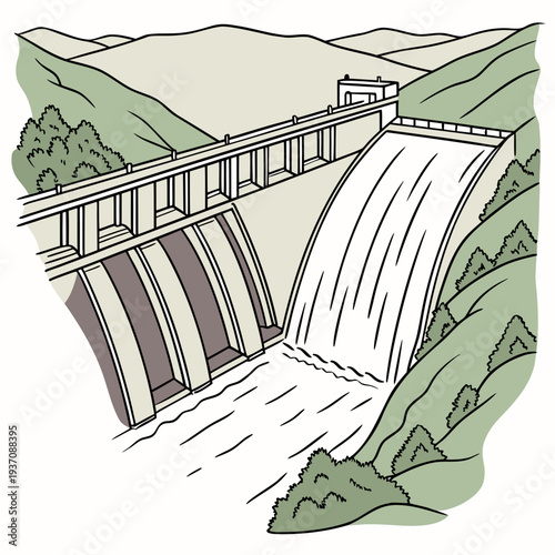 A dam with a large spillway releasing water into a river below