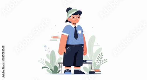 Young person in casual attire, with glasses and cap, stands among stylized plants and books