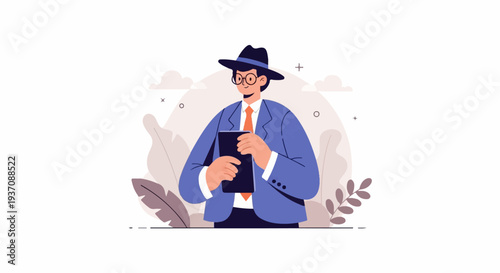 Stylish person in hat and suit holding a tablet amidst stylized plants