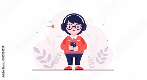 Person wearing headphones, holding smartphone, with abstract plants and shapes