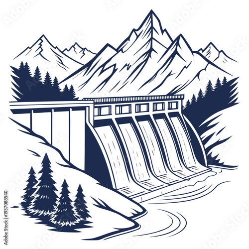 Dam with water flowing out in front of mountains and trees