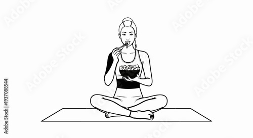 Fit woman in sportswear eats healthy salad while meditating