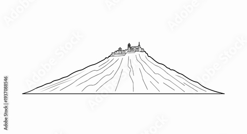 A village rests atop a steep, striated mountain