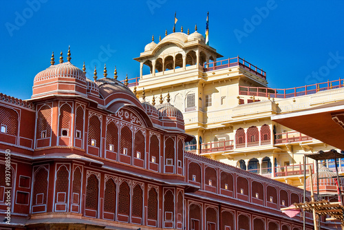 Udaipur city palace in Rajasthan, India. The palace is located on the east bank of Lake Pichola