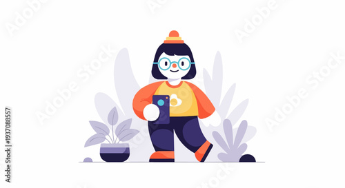 Whimsical character in colorful attire holds a device, surrounded by abstract foliage