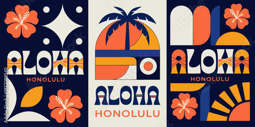 USA, US, U.S, United States - Aloha Honolulu Tropical Art Trio | Retro Geometric Hawaii Illustration Set | Colorful Island Paradise Poster Design for Travel & Decor
