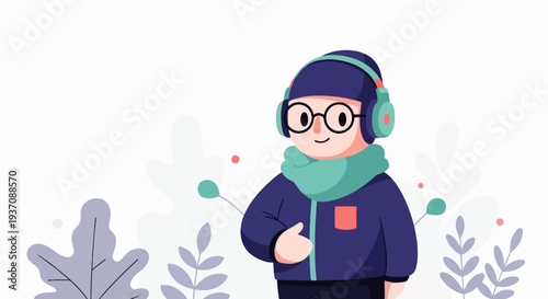 A cheerful person in a winter coat and headphones with a scarf
