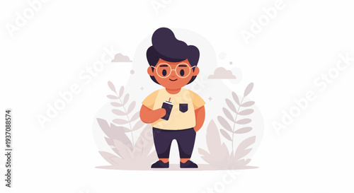 Chubby child in glasses and casual outfit holding a cup with a straw, amidst botanical elements