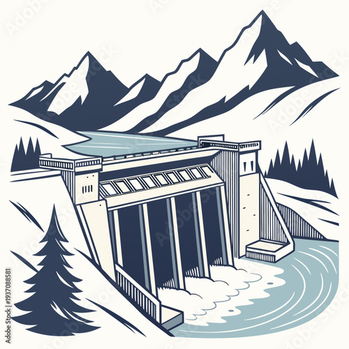 Illustration of a dam in the mountains with a serene lake and trees