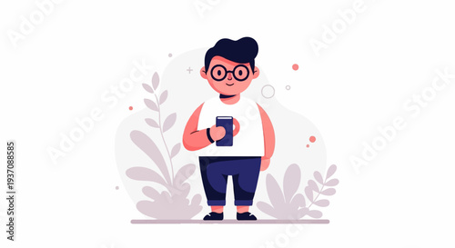 A stylized, flat illustration shows a person with dark hair, round glasses, holding a dark phone