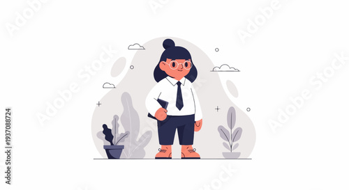 A stylized figure in a white shirt, tie, and dark pants stands with a tablet