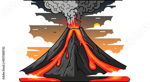Erupting Volcano with Lava Flow and Smoke.