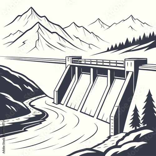 Black and white illustration of a dam in a mountainous landscape