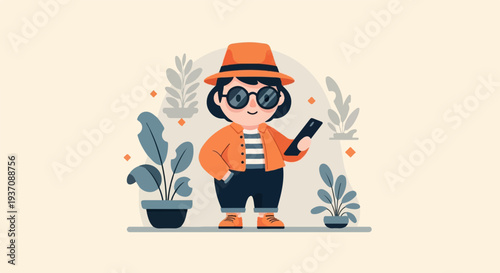 Cartoon character in a hat and sunglasses holding a phone, with plants