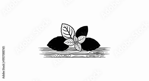 Stylized illustration of a sprig of leaves and two dark shapes on wood grain