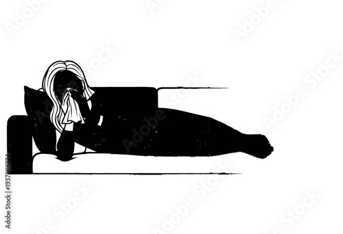 Person lying on sofa with tissue, appearing unwell and needing rest