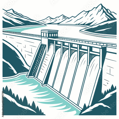 Dam with water flowing through it in the mountains landscape