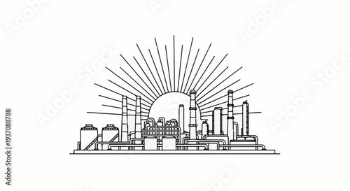 Stylized industrial complex with sunburst behind smokestacks and tanks
