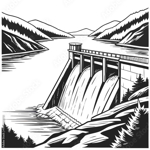 Black and white illustration of a dam with water flowing out