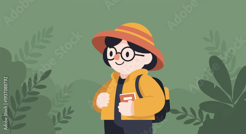 A person with a backpack and a book walks through a leafy, green environment