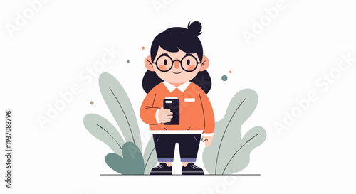 Cheerful child with glasses and bun hairstyle, holding a smartphone and wearing casual clothes
