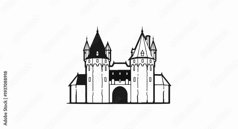 Fototapeta premium Stylized black and white sketch of a grand medieval castle gatehouse