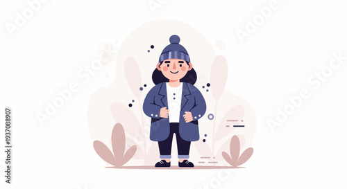 A stylized cartoon character with dark hair, wearing a blue winter hat and coat