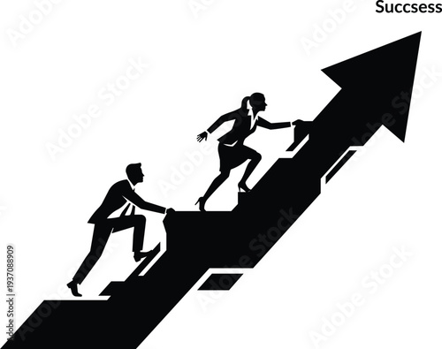 A man and woman running up a large arrow pointing upwards, symbolizing shared success and career advancement in a business setting
