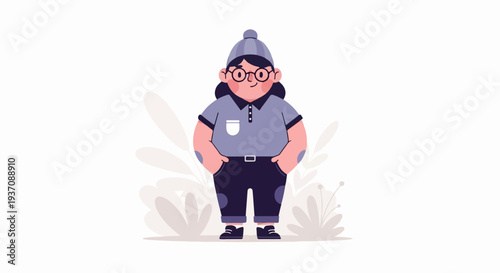 Whimsical character in winter attire with large spectacles and hands in pockets