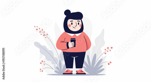 A cheerful character with a bun hairstyle, wearing a coral sweater and dark pants, holding a drink