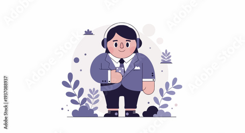 Businessperson with headphones and phone, surrounded by stylized foliage