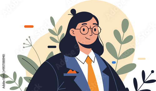 Stylized portrait of a person with glasses and business attire, set against abstract organic shapes and foliage