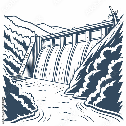 Illustration of a dam with water flowing down in a mountainous landscape