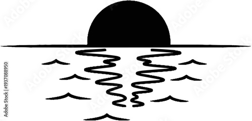 Stylized black sun setting over a flat horizon reflecting on water