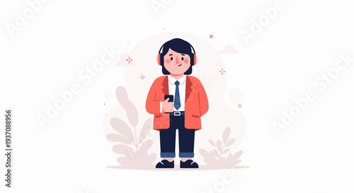 Person in suit with headphones and phone, abstract background