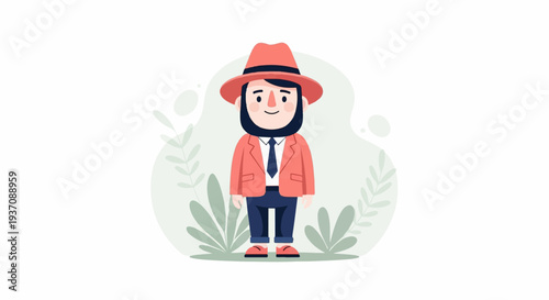 A whimsical, flat-design cartoon of a man in a coral hat, jacket, and blue pants stands amidst faint green foliage