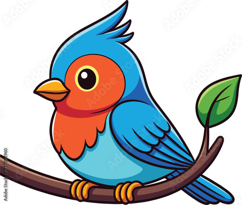 Cute cartoon baby bird illustration with vibrant purple and blue feathers large green eyes and orange beak isolated on white background for children designs