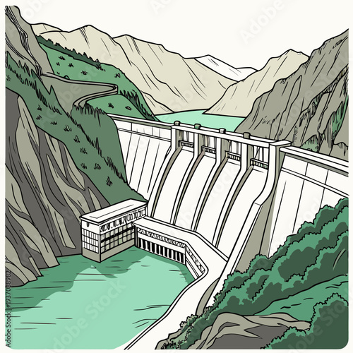 Large hydroelectric dam in a mountainous landscape with green water