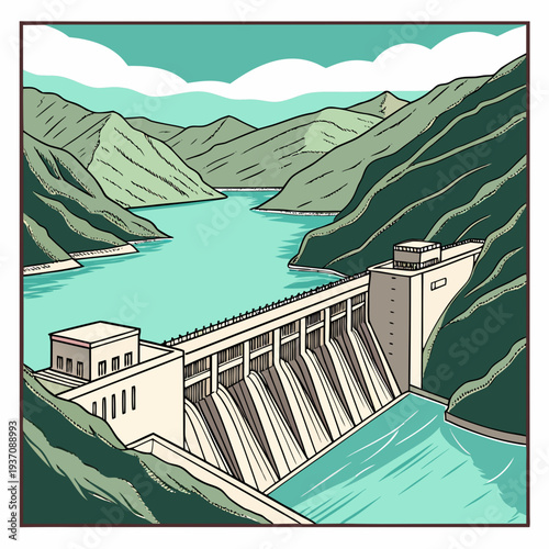 Dam on a serene lake surrounded by mountains and greenery
