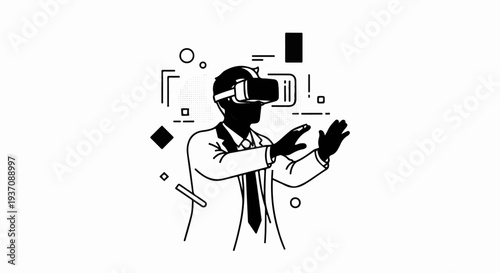 Businessman in virtual reality headset interacting with digital elements