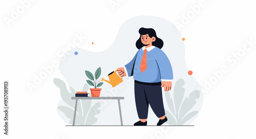 A person watering a plant on a table with books, illustration