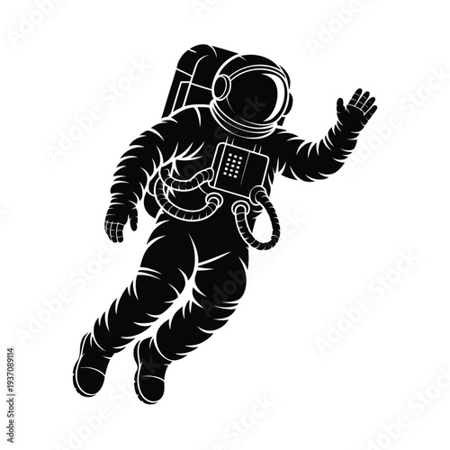 A black silhouette of an astronaut floating in outer space