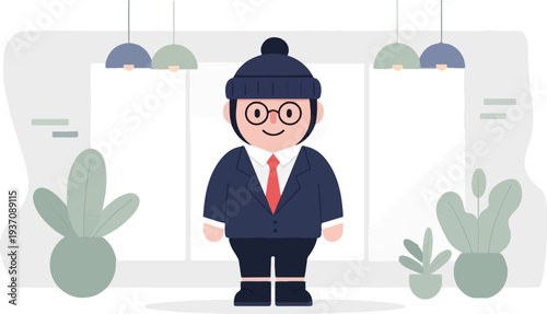 A character in a suit and beanie stands in a minimalist room with plants