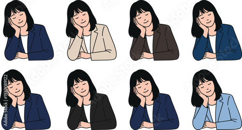Tired Businesswoman Avatar Set Showing Female Office Worker Resting Head on Hand with Different Jacket Colors Vector IllustrationTired 